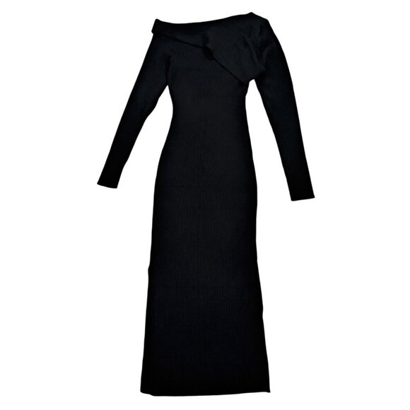 Elegant Black Ribbed Knit Dress With Asymmetrical Neckline, Long Sleeves, Size S - Picture 2 of 10